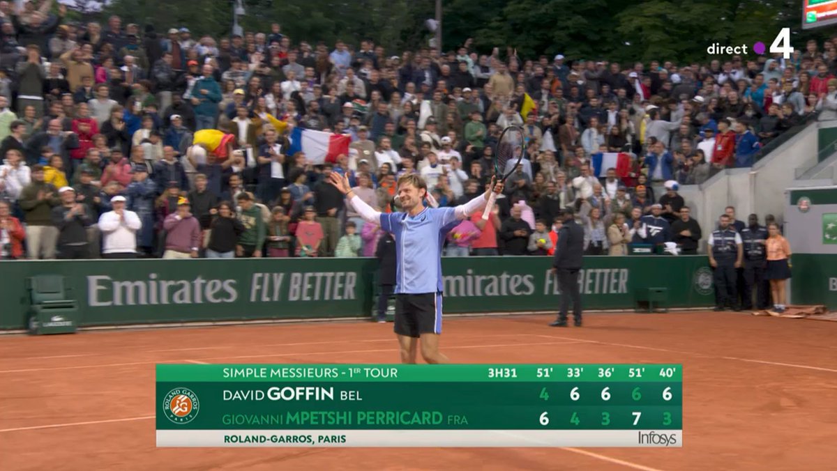 UniversTennis's tweet photo. 👂👈 David Goffin qui répond au public français après sa victoire contre Giovanni Mpetshi Perricard 🇧🇪🇫🇷

#RolandGarros https://t.co/pKbCN0Wlhj