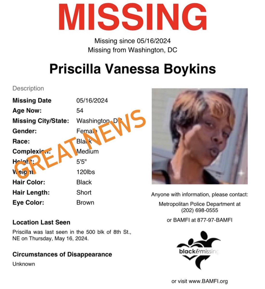 GREAT NEWS! According to MPD, 54y/o Priscilla Boykins has been located. Thank you all for sharing her profile! 🧡