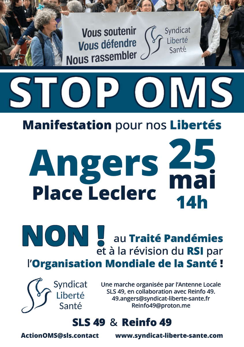 SyndicatSLS's tweet photo. ✊🕊️Manifestation STOP OMS à Angers
🚫 NON ‼️ au Traité Pandémies et à la révision du Règlement Sanitaire International (RSI) 🫸⚕️🌐
🧑⚕️🕊️👩⚕️En pleine 77e Assemblée Mondiale de la Santé #WHO77, informer la population sur les projets liberticides de l'OMS est crucial !
👏 Merci à l'ensemble des participants et bravo à l'Antenne Locale SLS 49 pour l'organisation en collaboration avec Reinfo 49.
⚡️ Mobilisons nous tous, soignants et patients, pour mener des actions face au putsch de l'Organisation Mondiale de la Santé sur notre souveraineté sanitaire.👇
➡️ https://t.co/RG9MTksvbM
#StopTraitéOMS 🕊️
