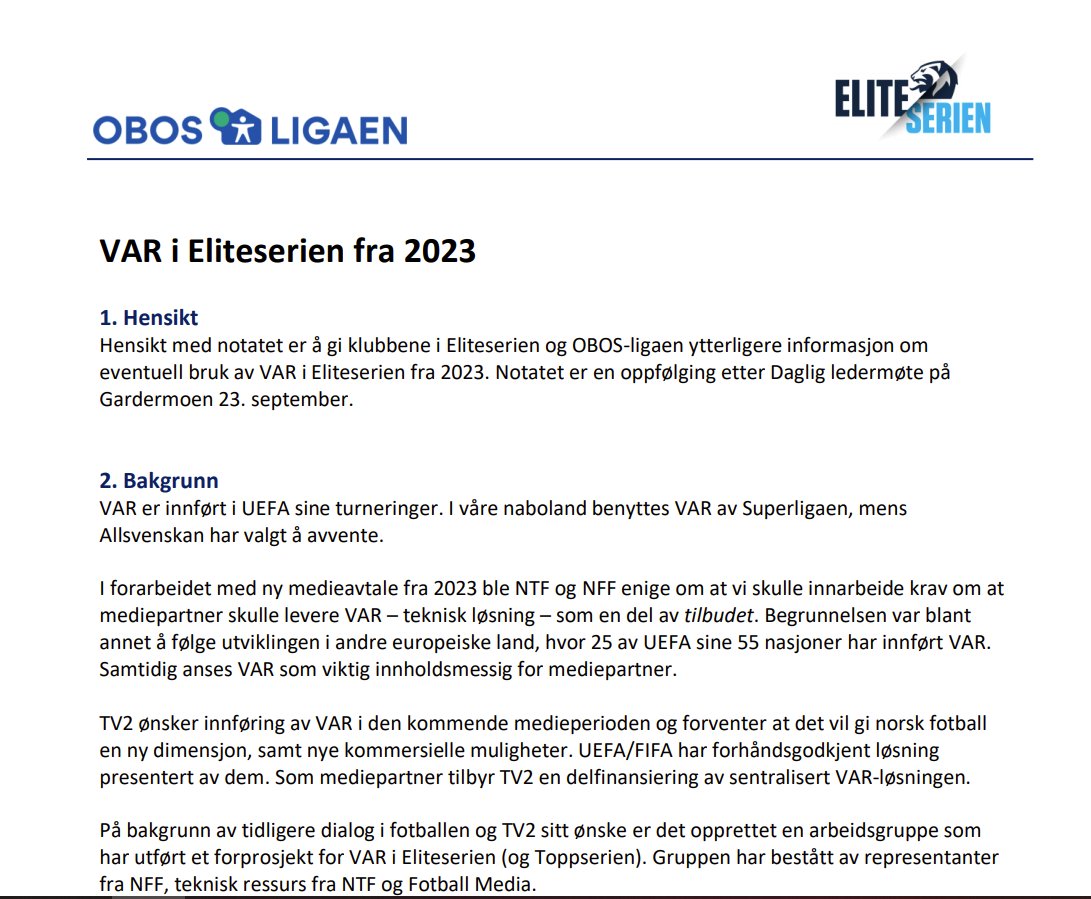 Heinert's tweet photo. Siden @tv2sport hele tiden har vært nøytral til VAR er det jo sensasjonelt at NFF/NTF påsto noe annet da saken var til behandling ho ES-klubbene. Må være et journalistisk scoop dette @EirikNH. Nå kan du lage en sak om løgnene til forbundet.. https://t.co/hIxYVZbDxo