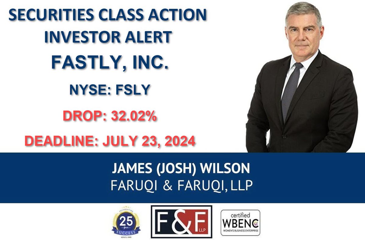 Fastly, Inc. Class Action Lawsuit $FSLY           

Fastly Deadline: July 23, 2024                  

Learn More Here: faruqilaw.com/FSLY

#faruqilaw #NYSE #NYSEListed #stocks #stockmarketnews #StocksInNews #Investing