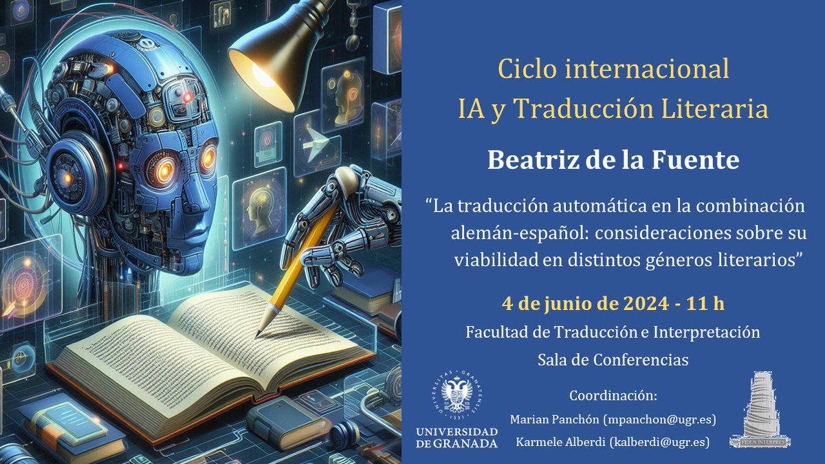 Beatriz de la Fuente Marina <a href="/usal/">Universidad de Salamanca</a> <a href="/Docutradus/">Docutradus-Facultad de Traducción y Documentación</a> presentará la charla "La traducción automática en la combinación alemán-español: consideraciones sobre su viabilidad en distintos géneros literarios". Será el martes a las 11 en <a href="/factradUGR/">factradUGR</a>.📝¿Quieres seguirla en línea? ¡Escríbenos!👇