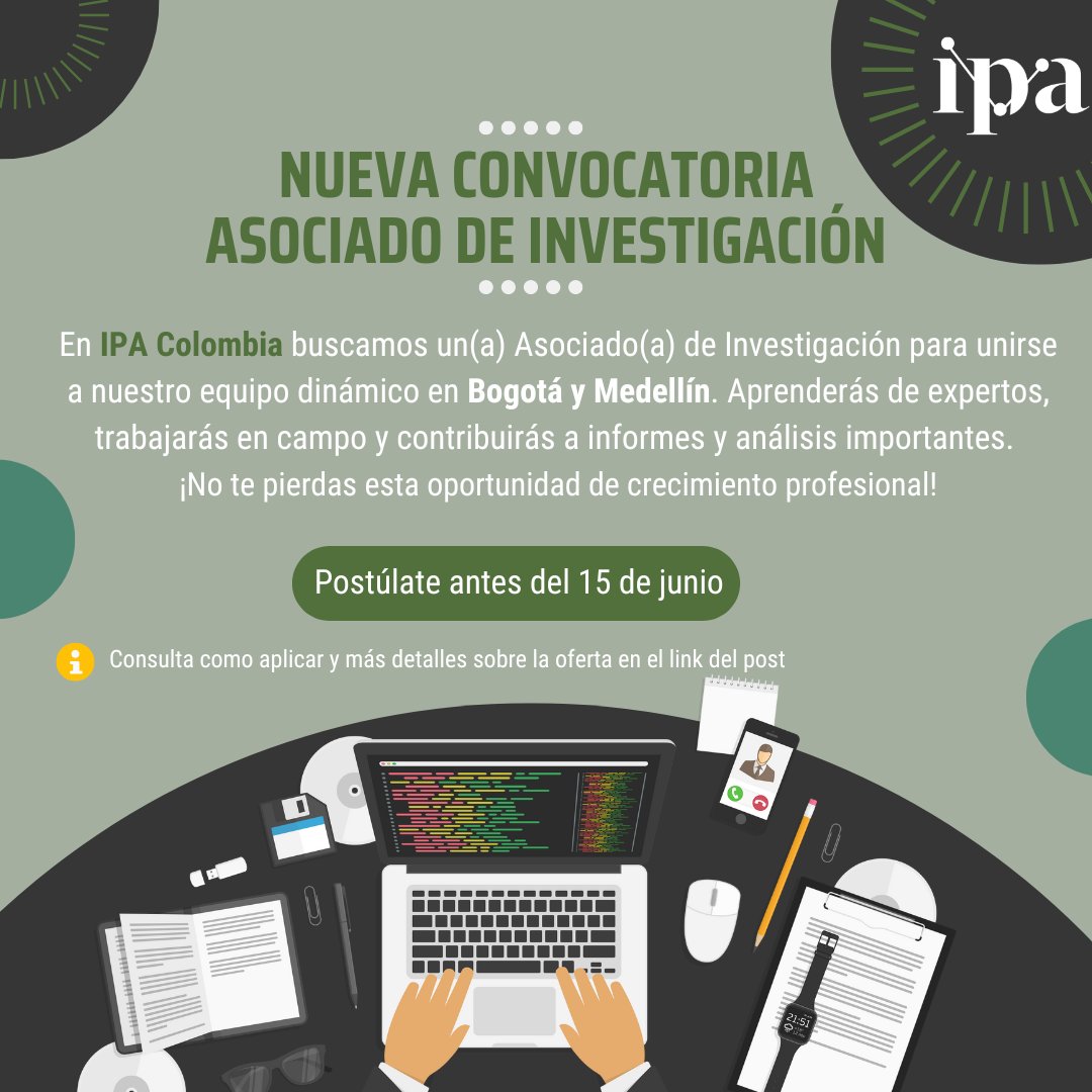 📢 ¡Nueva oportunidad en IPA 🇨🇴! 
Únete a nuestro equipo como Asociada/o de Investigación. 
No te pierdas la oportunidad de trabajar en la coordinación de proyectos de evaluación, manejo de equipos, y análisis de datos. 
Más detalles aquí: poverty-action.org/research-assoc…