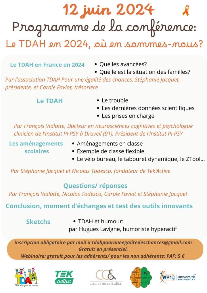Très heureux de vous présenter notre événement national à l'occasion de la journée nationale de sensibilisation au TDAH le 12 juin 2024, à l'Université d'Évry (91). #TDAH #JNTDAH 
En présentiel ou en webinaire.
Inscription obligatoire via le lien: helloasso.com/associations/t…