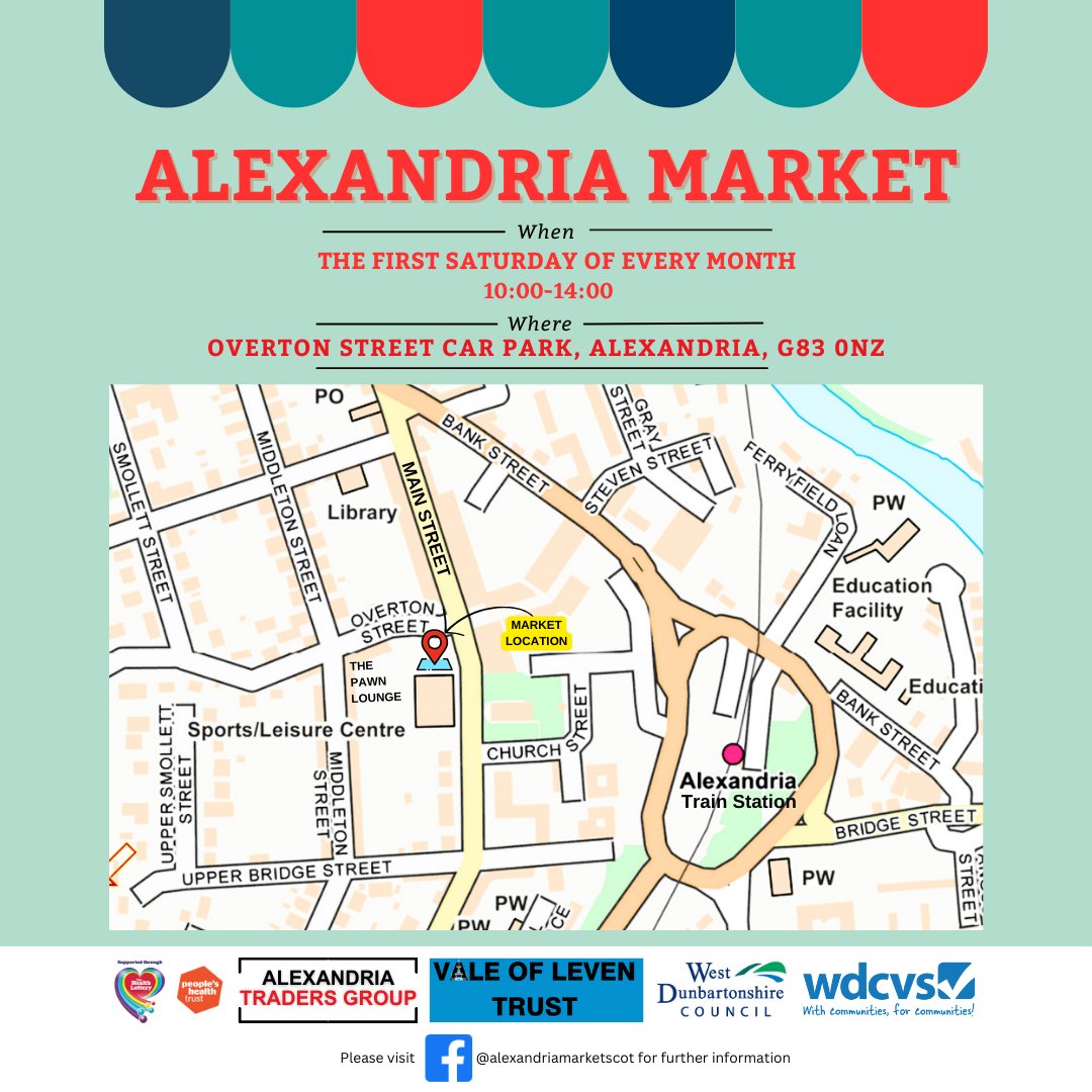 Alexandria Market  makes its return this Saturday, 1st June! Be sure to swing by and see us there between 10:00 &amp; 14:00 in Overton Car Park (next to the Pawn Lounge)!

#valeofleventrust #westdunbartonshire #alexandriawestdunbartonshire #peopleshealthtrust #wdcvs #communityevents