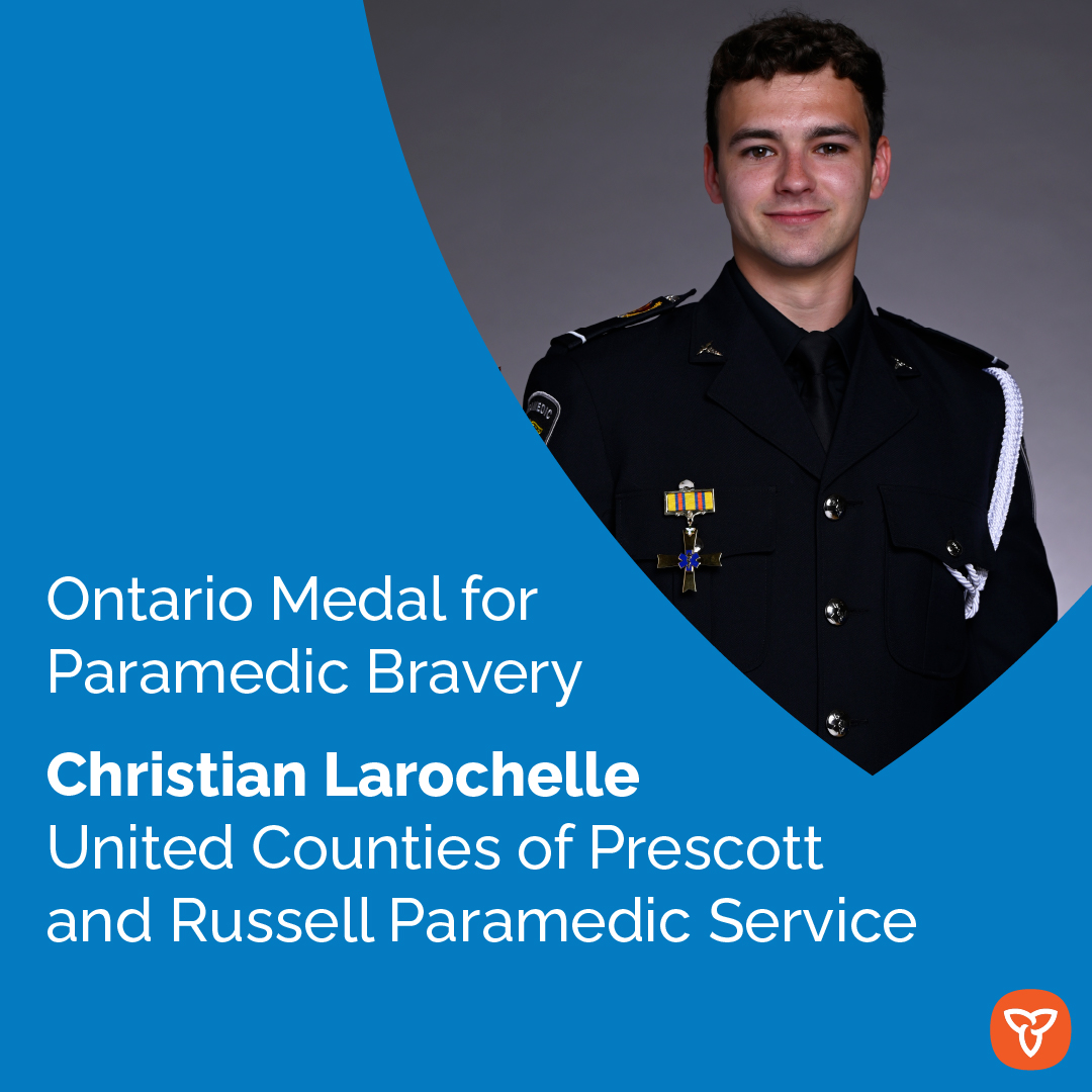 Congratulations to Christian Larochelle from the United Counties of Prescott and Russell Paramedic Service on your Ontario Medal for #Paramedic Bravery.

Learn more about Christian’s story: news.ontario.ca/en/backgrounde…
