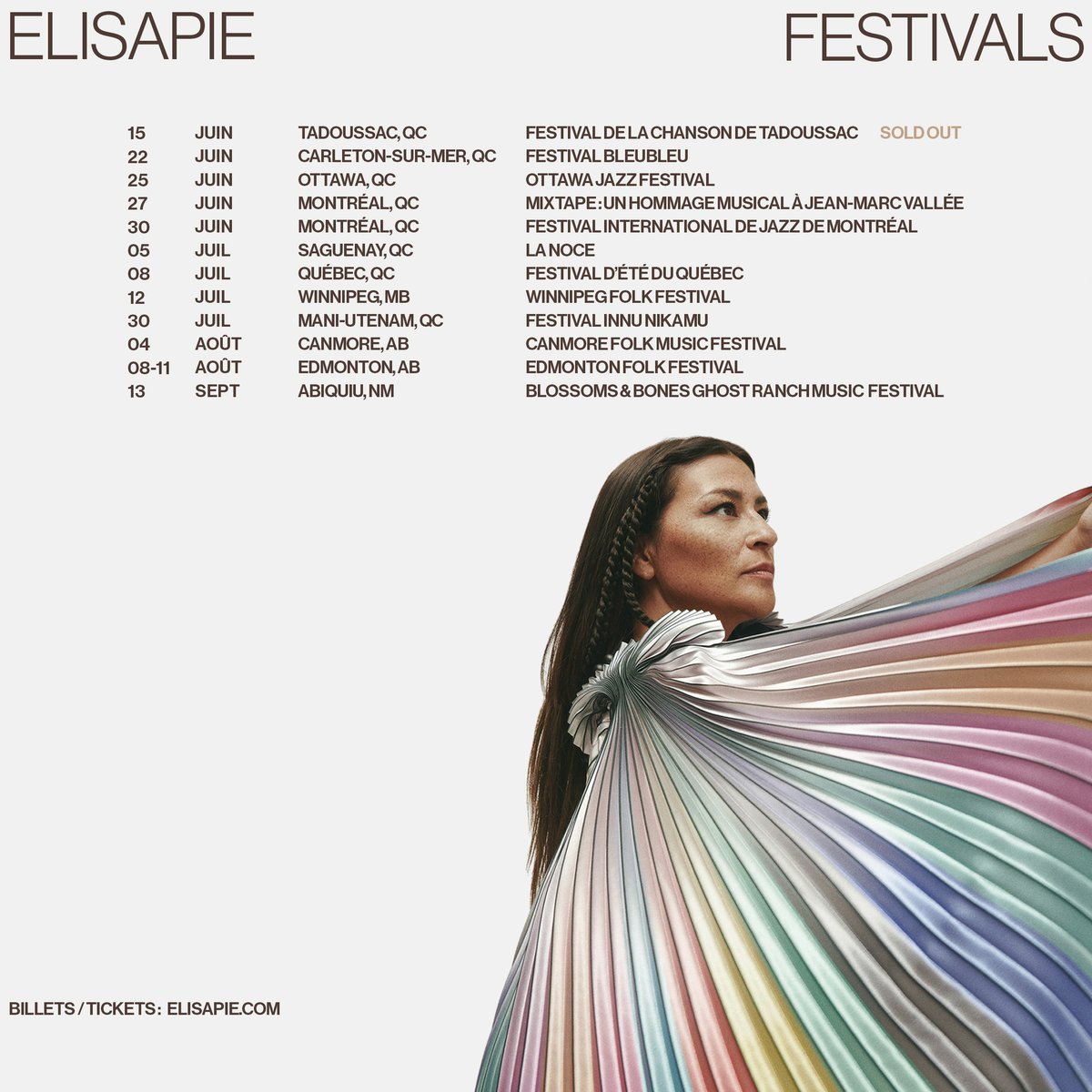 La saison des festivals commence soon! Can’t wait to see you all this summer☀️ Infos et billets ici 🎟️elisapie.com/#spectacles @bonsound