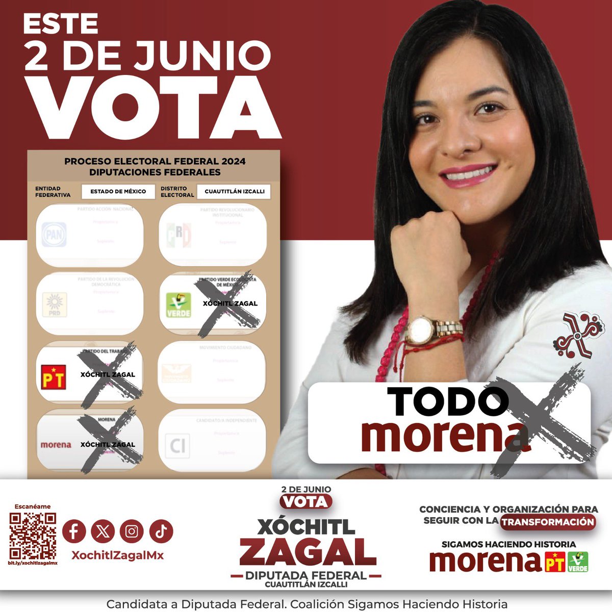 ¡¡Tenemos una cita con la 𝐝𝐞𝐦𝐨𝐜𝐫𝐚𝐜𝐢𝐚 y la 𝐣𝐮𝐬𝐭𝐢𝐜𝐢𝐚 este domingo!! Vamos a votar #5de5 en las urnas para hacer realidad el #PlanC ✨

Este 2 de junio, #IzcalliConZagal 🫰🏼🌺

| #morena | #CuautitlánIzcalli | #XóchitlZagal