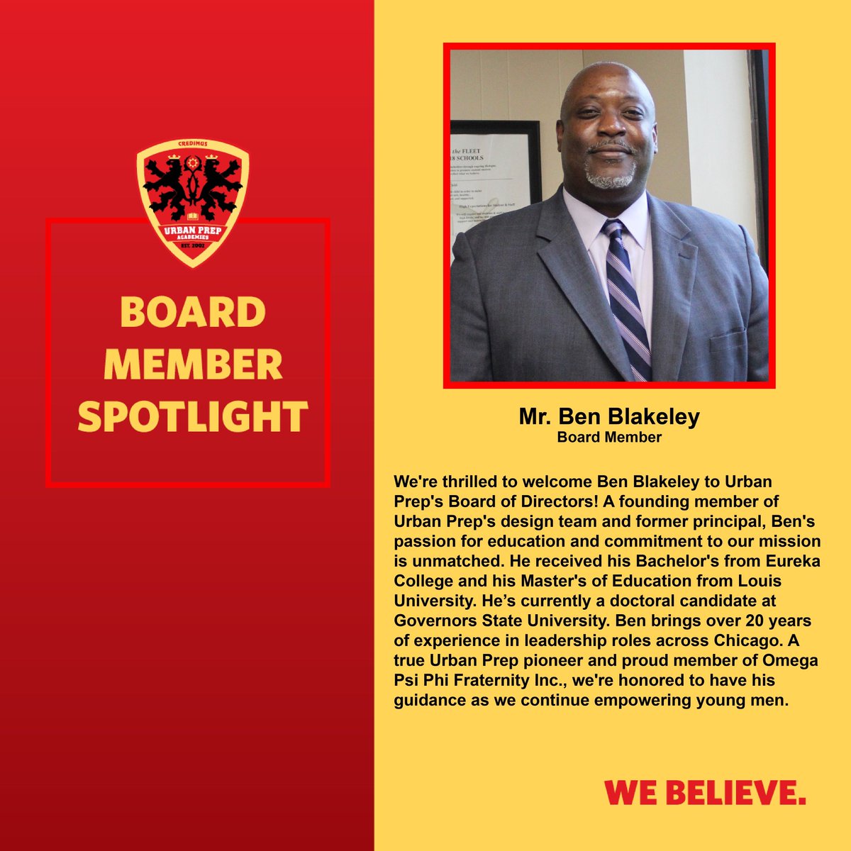 Thrilled to have Ben Blakeley join Urban Prep's Board of Directors!  🎉

A true pioneer and proud member of Omega Psi Phi Fraternity Inc., Ben's dedication to our mission is unparalleled.  🚀

Honored to have his guidance in empowering young men.  🙌

#BoardMembers #UrbanPrep