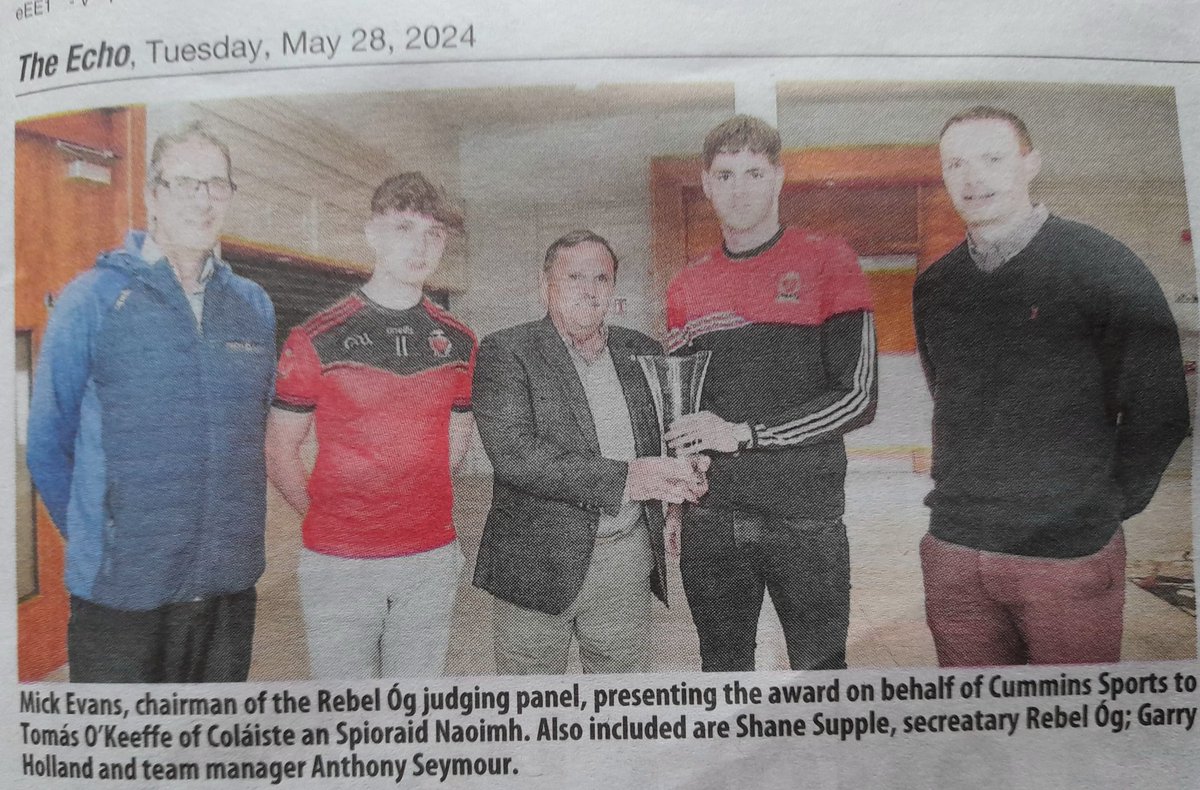 shanesupple's tweet photo. Well done Colaiste an Spioraid Naoimh on winning the Rebel Og monthly award for April for their Simcox Cup win. Cork's own "The Echo" newspaper Tue 28th May 2024 https://t.co/WVsAB82HYU