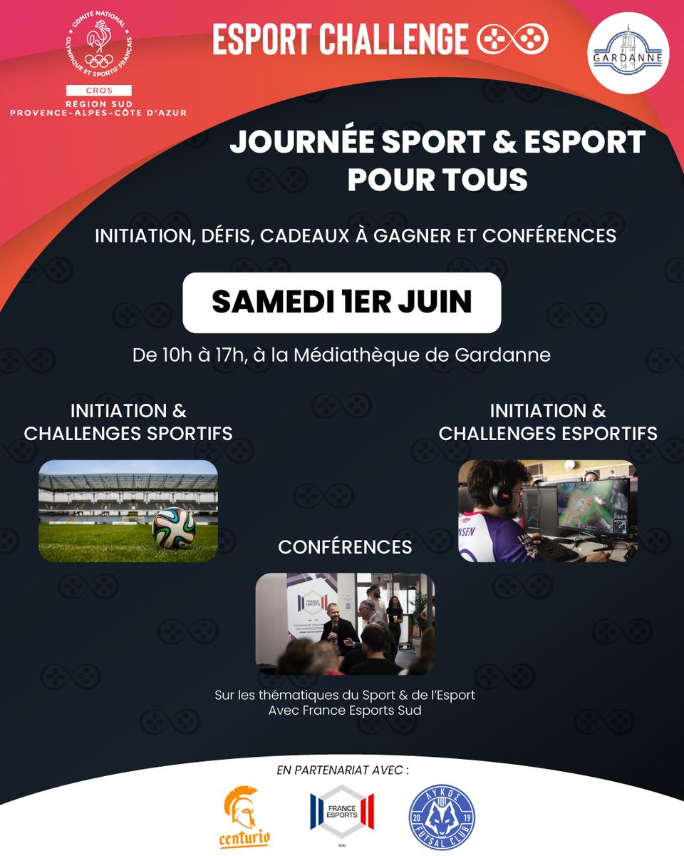 Samedi à la Médiathèque de <a href="/VilledeGardanne/">Ville de Gardanne</a> : #EsportChallenge 👉 
6 challenges #Sport (football, volleyball, spikeball) et #Esport (Rocket League, Fall Guys, Fortnite), 🎁 pour le top score.
🤝 Avec Médiathèque Gardanne, <a href="/Centurio_agence/">Agence Centurio</a>, <a href="/CROSregionsud/">CROS Région Sud Provence-Alpes-Côte d'Azur</a>, @lykosfutsal, <a href="/FE__Sud/">France Esports Sud</a>