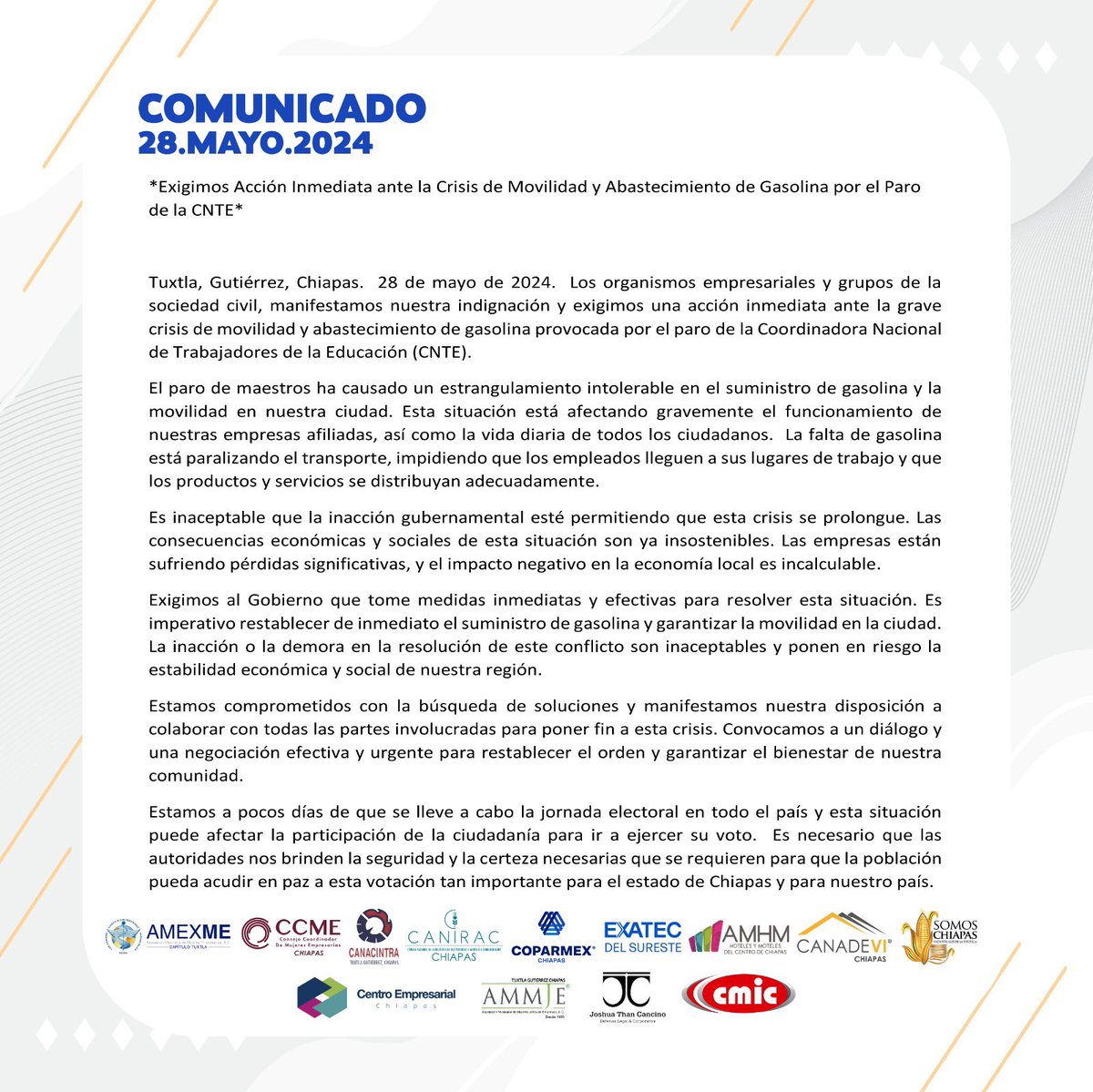 Organismos empresariales de #Chiapas exigen una acción inmediata y efectiva ante 'grave crisis de movilidad y abastecimiento de #Gasolina' provocada por @cnte_7 #CNTE-SNTE. Consideran inaceptable que la crisis se prolongue. Declaran que el impacto en la economía es incalculable