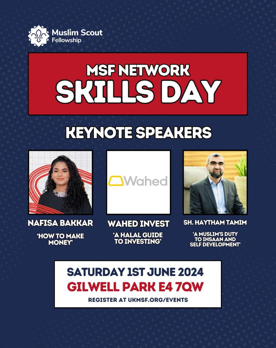 Want to learn how to make money? 💰 

Fix a car? 🚗 Write a CV? 📝 Develop your Islamic understanding? 📿 and so much more?

Sign up to the network skills day: bookwhen.com/ukmsf/e/ev-sfq…

(DM for event password)

<a href="/NafisaBakkar/">Nafisa Bakkar</a> <a href="/WahedInvest/">Wahed</a> 

#skillsforlife