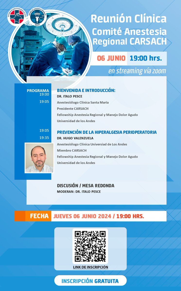 📢 Jueves 06 de junio Reunión Clínica SACH: Prevención de la Hiperalgesia Perioperatoria.

✅ Organizada por CARSACH (Comité de Anestesia Regional).
✅ 19.00 hrs. Modalidad online, plataforma Zoom.

🔗 Inscripción gratuita:
sachile.cl/noticias/jueve…