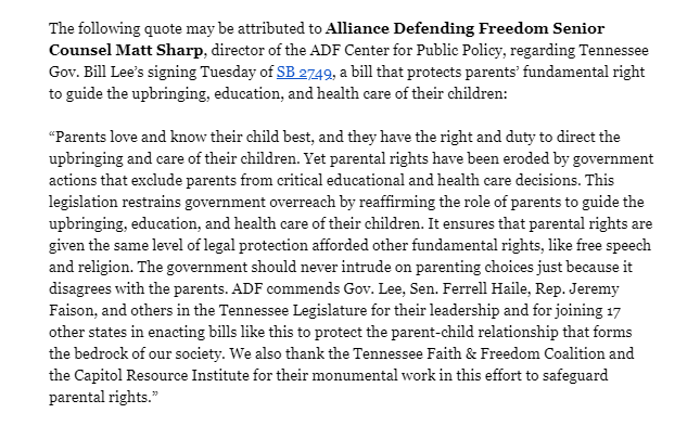 Inbox: @ADFLegal: #Tennessee governor signs key legislation to protect parental rights:
