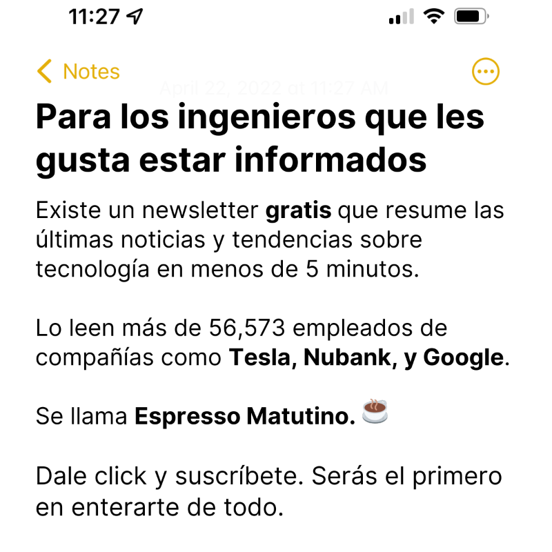 fernandocaralt's tweet photo. "Mi jefe piensa que soy un genio (no lo soy). Es porque leo Espresso Matutino (y él no tiene ni idea de que existe). "
-- Lector de Espresso Matutino