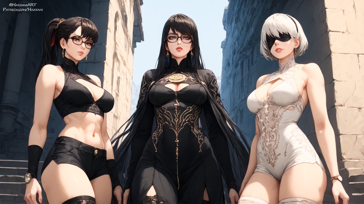 HazzaniArt's tweet photo. Seems like im out of the shadows (7 days), less time than last.

Here's a trio photo as a celebration! 😁🥳

Eve + Bayonetta  + 2B 
#Bayonetta #NieR #StellarBlade  #Aiart https://t.co/ihZAny40uL