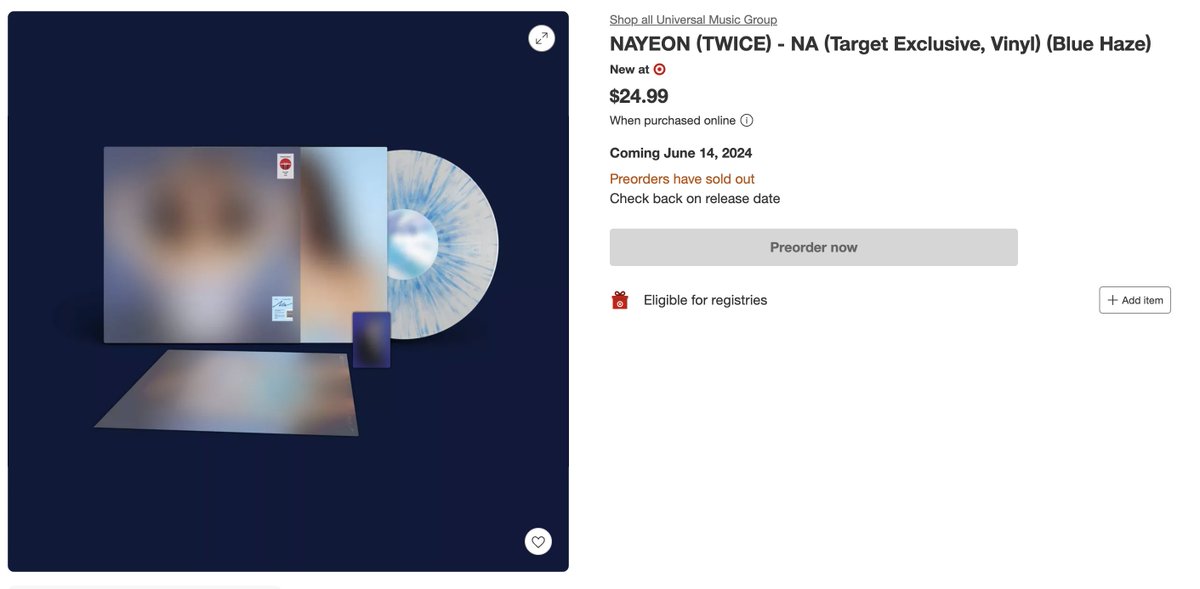NAYEON and #ONCE not playing around!! 

Alongside announcing a vinyl release of @JYPETWICE NAYEON's 'NA' album that will be released the same day as the album, pre-orders of the @Target-exclusive version with a blue haze vinyl have ALREADY sold out in hours!