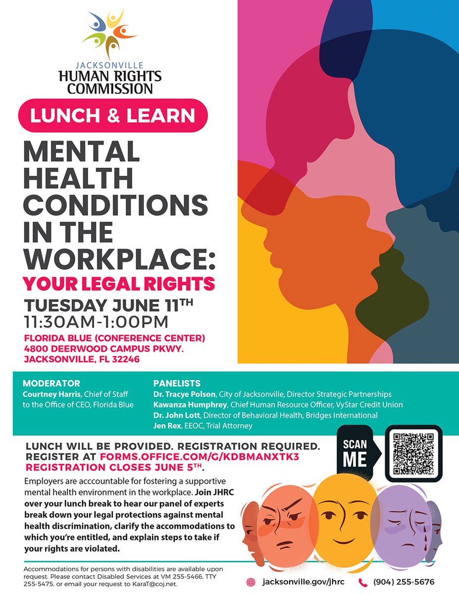 Save the date 📅 As we continue to celebrate Mental Health Awareness Month, the Jacksonville Human Right Commission is hosting a free Lunch & Learn on Tuesday, June 11th about mental health in the workplace. Lunch will be provided - To RSVP, please go to: forms.office.com/pages/response…