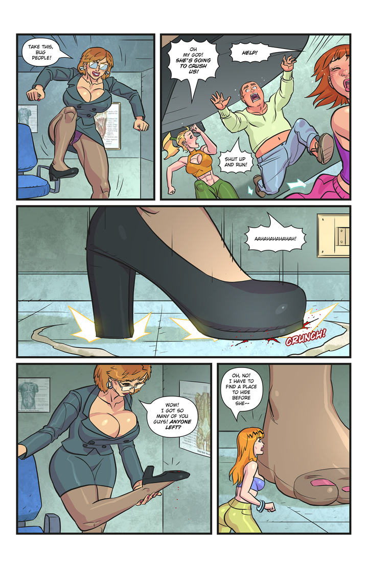 While Leonard must find a way to get Carmen’s attention before she crushes him, Marlene has to deal with the poor sight of Summer. Will she be noticed... or she will be mistaken for a bug? giantessfan.com/comics/keyword… #giantess #shrinking #evilgiantess #feet #crush