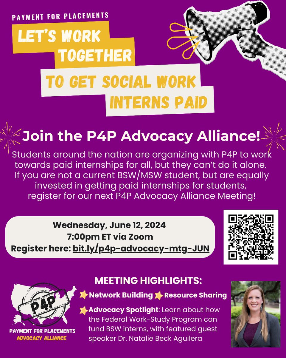 Let’s work together to get #SocialWork interns paid #PayInterns #EconomicJustice. Join the #Payment4Placements Advocacy Alliance! Our next virtual meeting is Wednesday, June 12th at 7 PM EDT. Register at bit.ly/p4p-advocacy-m…