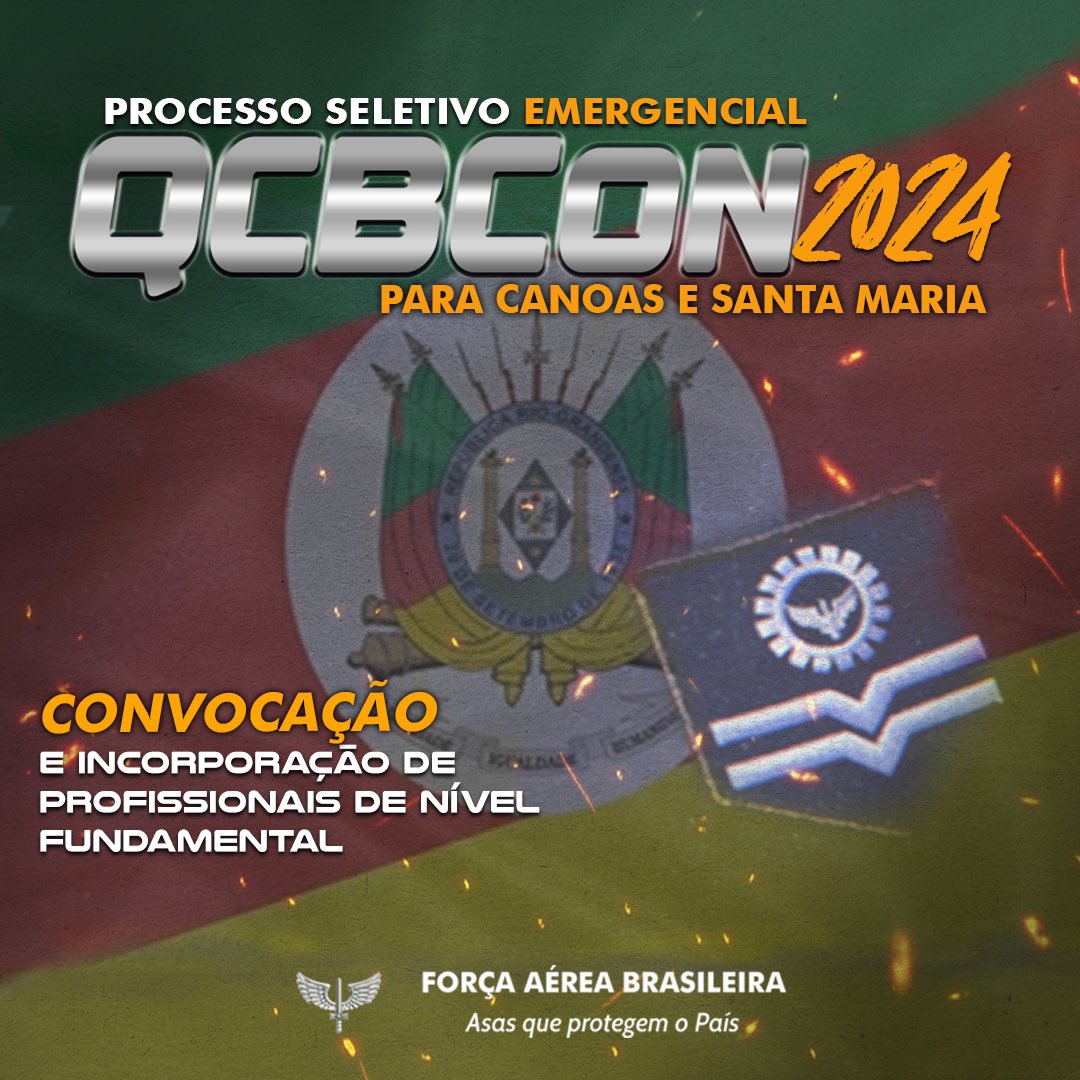 #VemPraFAB Em resposta às recentes calamidades no Rio Grande do Sul, a Força Aérea Brasileira (FAB) publicou Aviso de Convocação e Incorporação Emergencial de Profissionais de Nível Fundamental para Prestação do Serviço Militar Voluntário, em caráter temporário, ao Quadro de