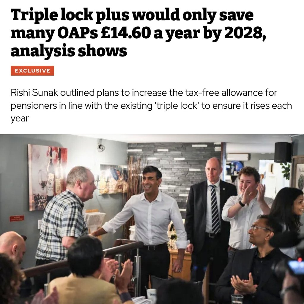 So on that Triple lock plus- it would only save many OAPs £14.60 a year by 2028. Wow, great plan Rishi. #ToryLies #ToryGaslighting inews.co.uk/inews-lifestyl…