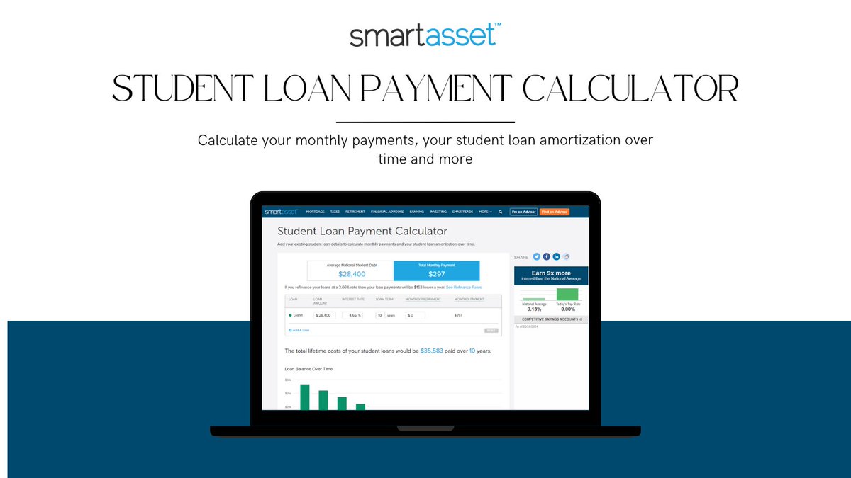 Ever wondered what the total lifetime costs of your student loans? 

With our Student Loan Payment Calculator, you can better understand your monthly payments, student loan amortization over time and more. 

Try it out today: shorturl.at/CtY8z 

#SmartAsset #PersonalFinance