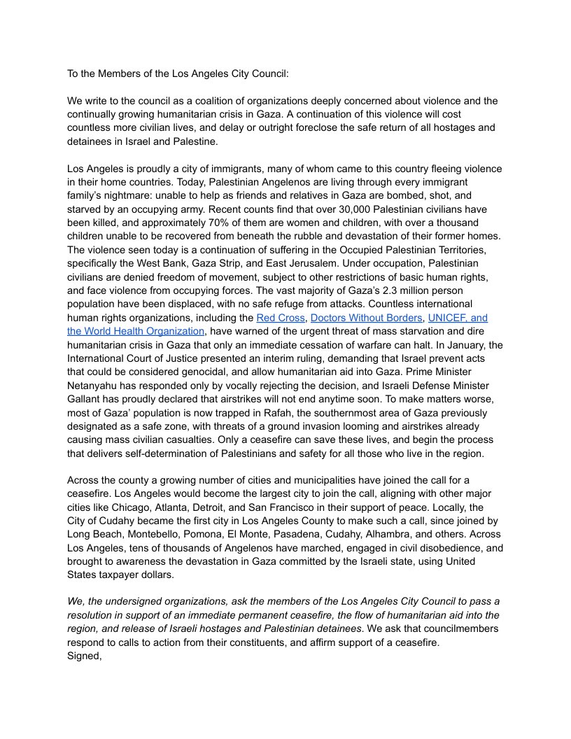 We are proud to join a powerful bloc of 40+ labor, interfaith, and community orgs calling upon LA City Council to pass a resolution supporting an immediate permanent ceasefire, the flow of humanitarian aid into the region, &amp; release of Israeli hostages and Palestinian detainees.