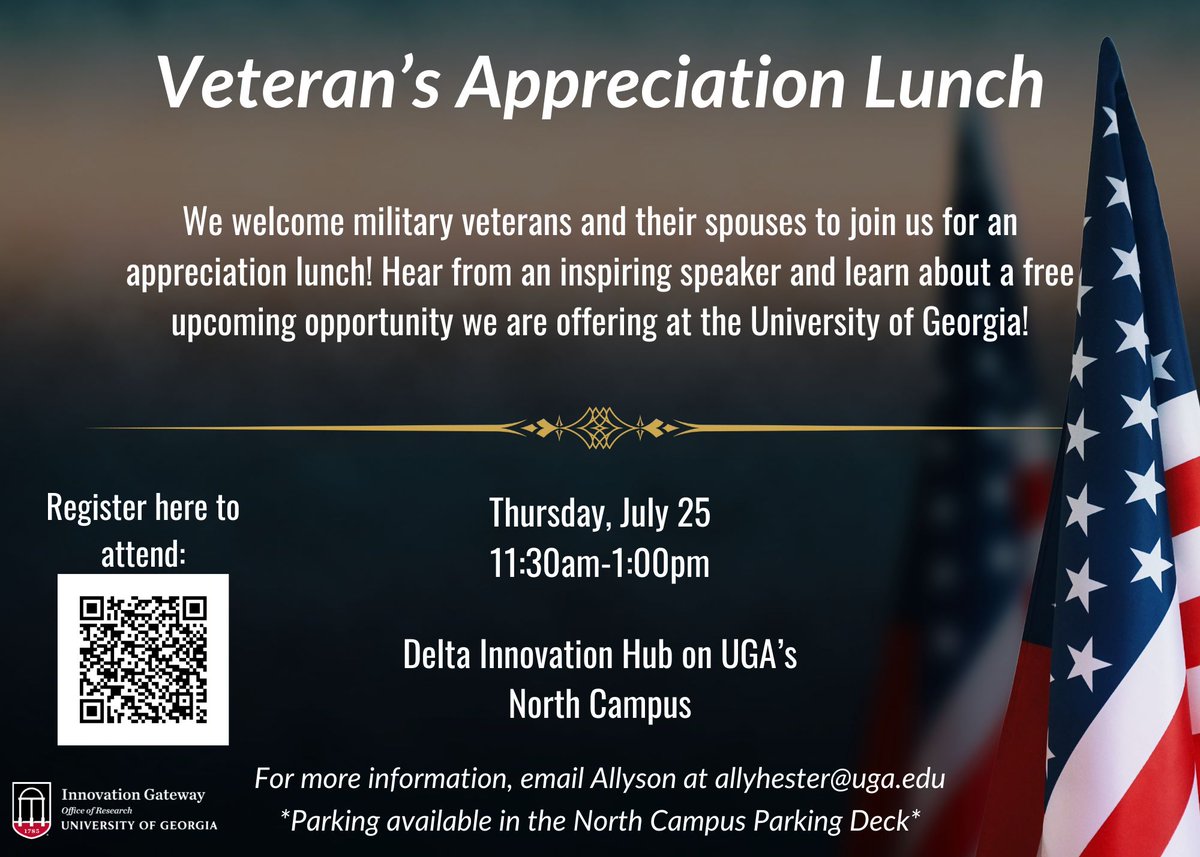 Join us for a Veteran's Appreciation Lunch at UGA's Delta Hub on July 25! Hear from an inspiring speaker and learn about a free upcoming opportunity! 

RSVP -> lnkd.in/ekt_uF4Q | #innovation #veterans #truistfoundation