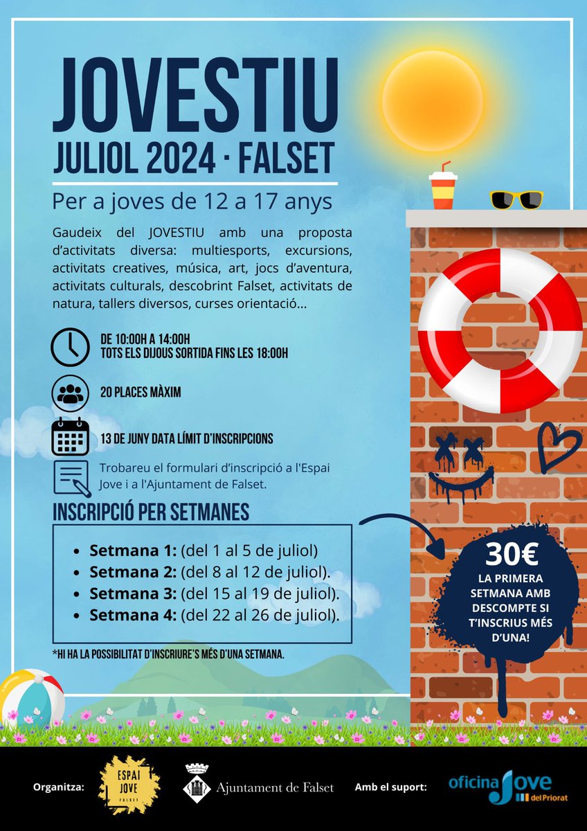 🌞Gaudeix de l’estiu a l’Espai Jove de Falset!

👉Inscripcions per a joves de 12 a 17 fins el 13 de juny a l’Ajuntament i l’Espai Jove.