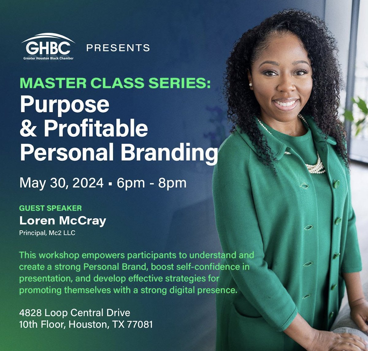 MReportusa's tweet image. Welcome to the GHBC Master Class Series: Purpose and Profitable Personal Branding event! Join us on Thu May 30 2024 at 6:00pm for an evening filled with valuable insights and strategies on how to build a successful personal brand. Our event will take place at 4828 Loop Central Dr