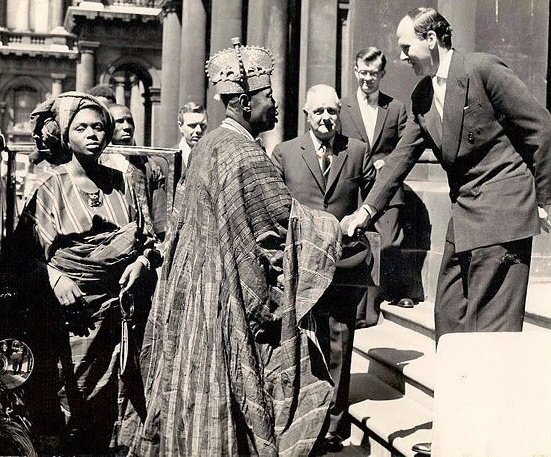 Oba Musendiku Adeniji Adele (Oba of Lagos) and his wife with the Duke of Devonshire at the Commonwealth Relations Office in the 1950s