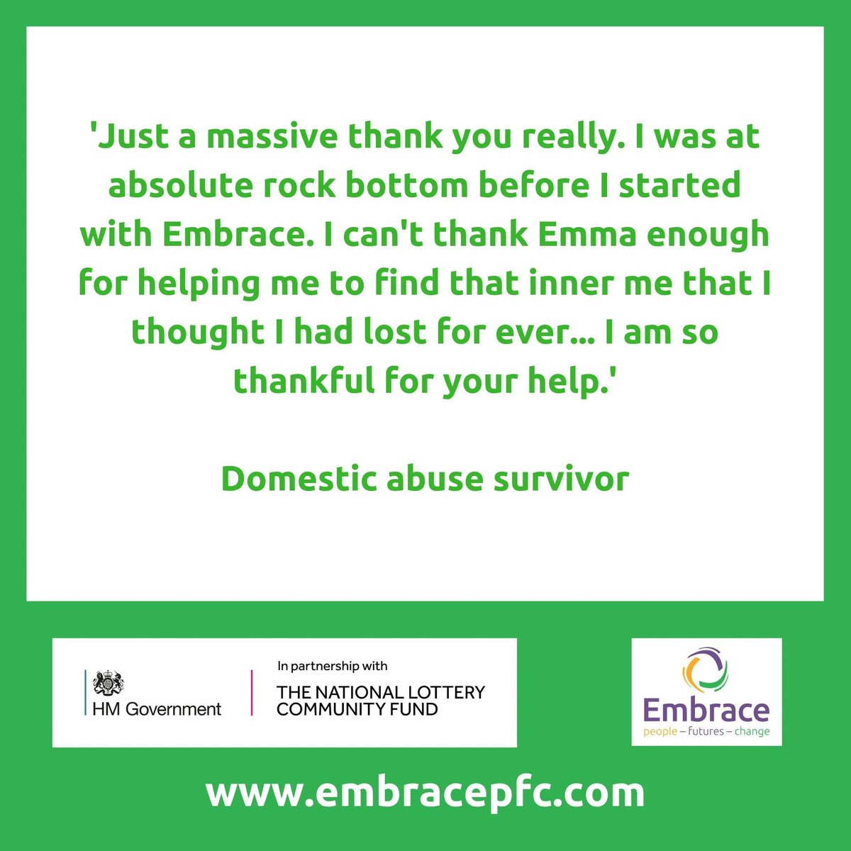Some recent feedback from work we have done with a survivor of domestic abuse.

We were able to do this work thanks to support from <a href="/TNLComFund/">The National Lottery Community Fund</a>