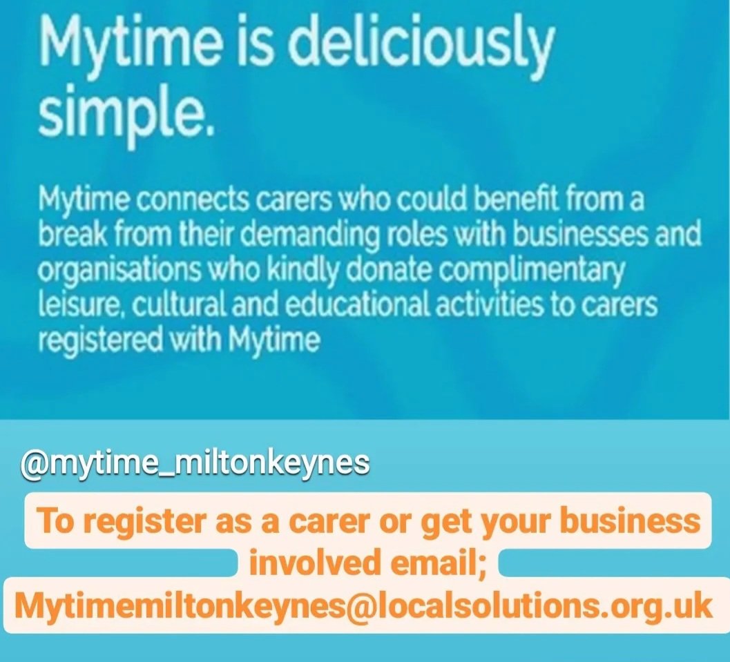 To register as a carer with Mytime or get your business involved and help us support unpaid carers, please do get in touch. 
@LocalSolutions_
@mkcouncil

#carers #breaks #respite #supportingunpaidcarers #wellbeing #lovemk #hospitality #leisure #businessmk #community