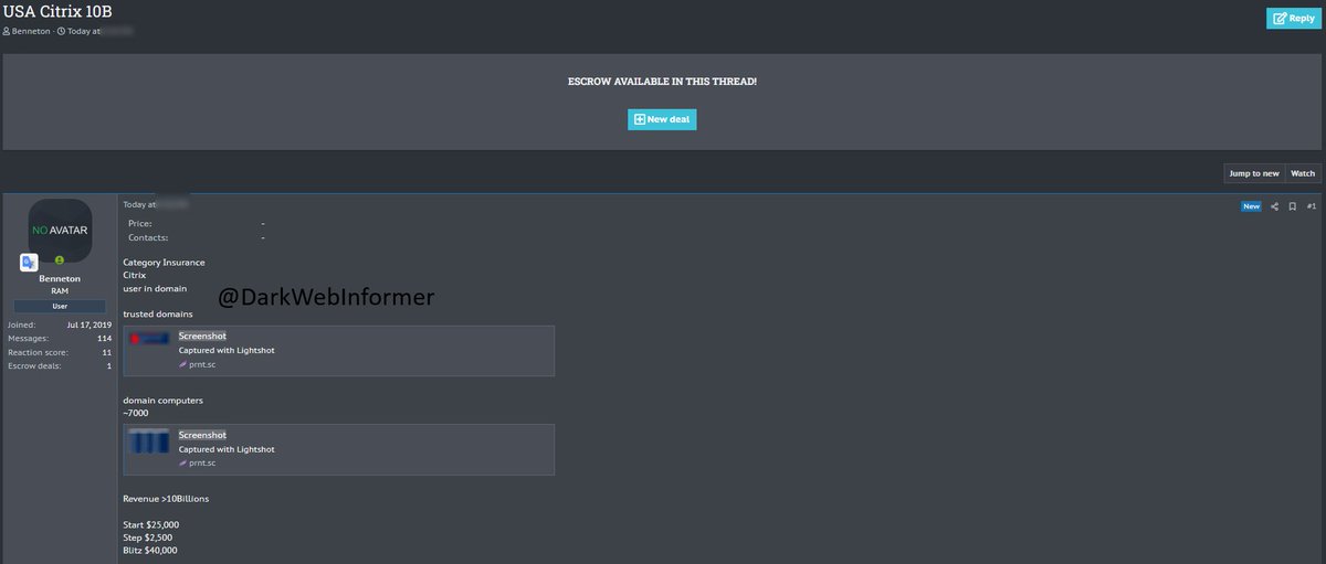 🚨Access For Sale🇺🇸🚨A threat actor is allegedly selling Citrix access to an unknown $10 Billion company in the Insurance industry. Start: $25,000. Step: $2,500. Blitz: $40,000. #DarkWeb #Cybersecurity #Security #Cyberattack #Cybercrime #Privacy #Infosec