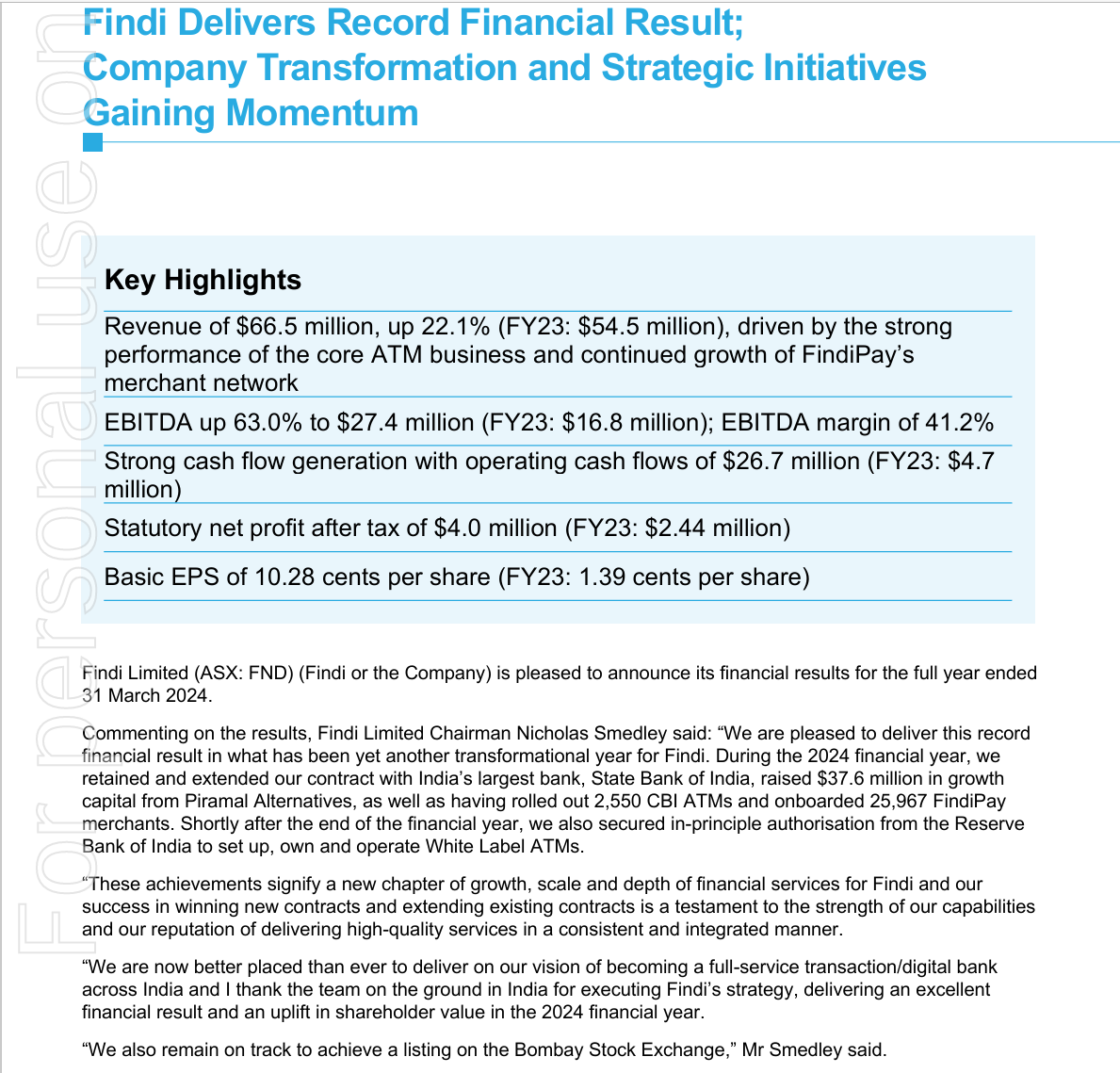 Findi Ltd Finally released its Full year results 

Grew their Ebitda 63% to $27m and Operating cashflow almost 5x to $26m. More or less what they told the market they would do a year ago. Almost up 10x since then, 

One of my best investments, and the thesis isn't finished yet