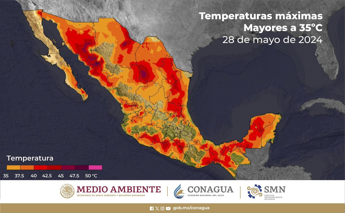 La @conagua_clima informa que 🌀☀️🥵  este martes continuará el ambiente extremadamente caluroso con #Temperaturas  de 40 a 45 grados #Celsius.