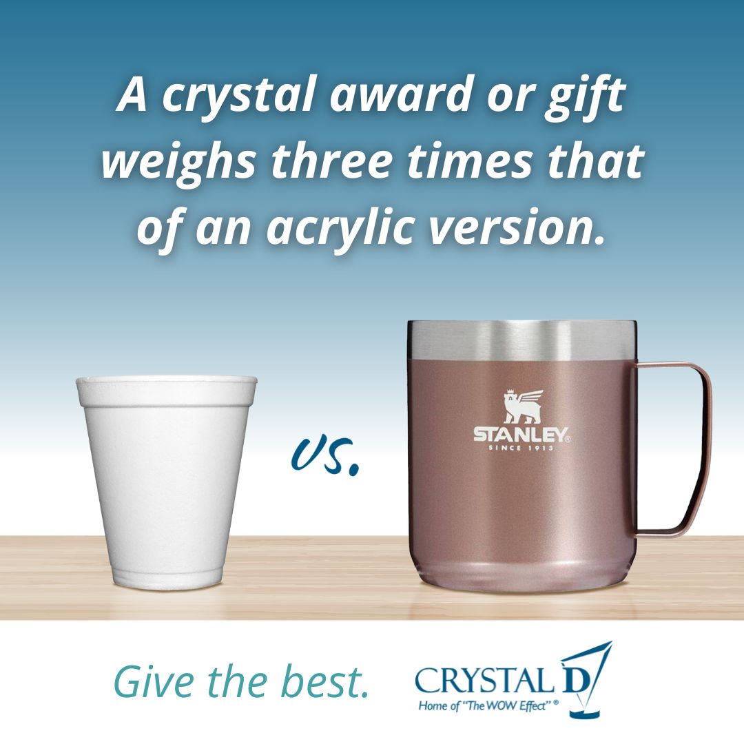 Comparing acrylic awards to crystal versions isn't like apples and oranges: It's more like a foam cup and a stainless steel mug. Which one better reflects sentiments like, 'You are appreciated?'
#crystal #crystalaward #employeerecognition #recognition