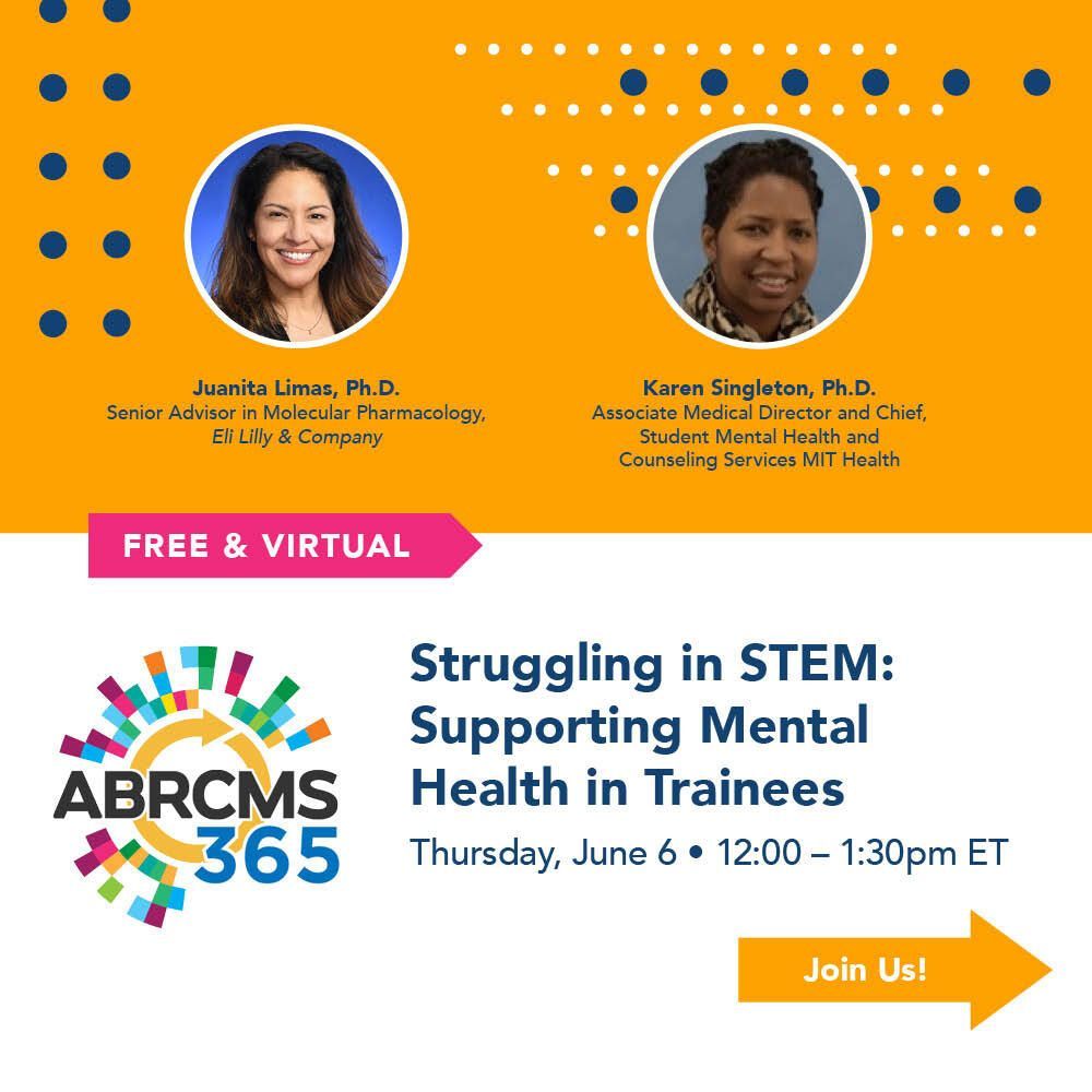 Trainees in #STEM are under a lot of stress, but we’re here to help. Join our FREE webinar June 6, 12-1:30pm ET called “Struggling in STEM: Supporting Mental Health in Trainees” to learn how you can help #trainees safeguard their mental health. Register: buff.ly/4bGmzCv