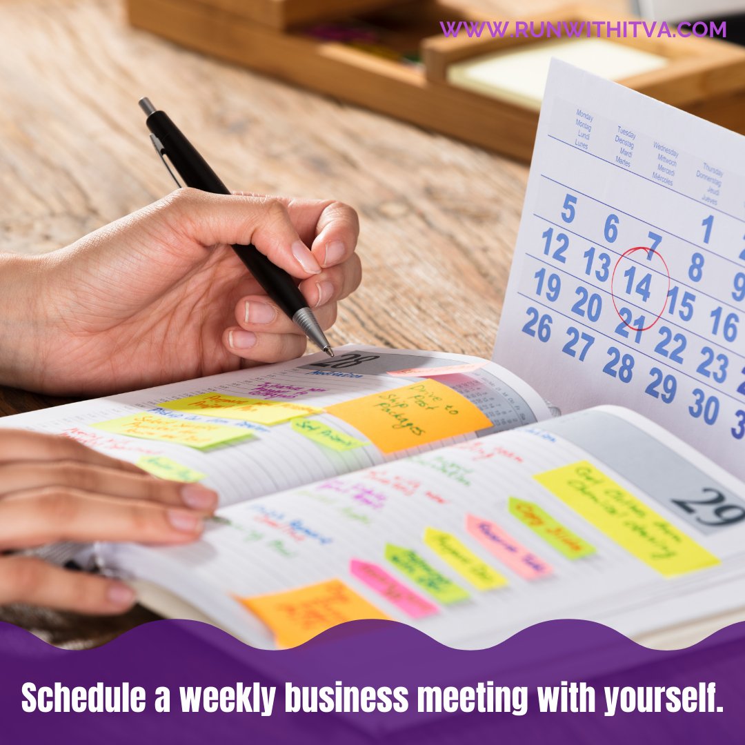 Schedule a weekly meeting with yourself to review your plans and ensure you are on track to meet your goals. #leadgeneration #onlinebusinessmarketing #businesshelpingbusiness