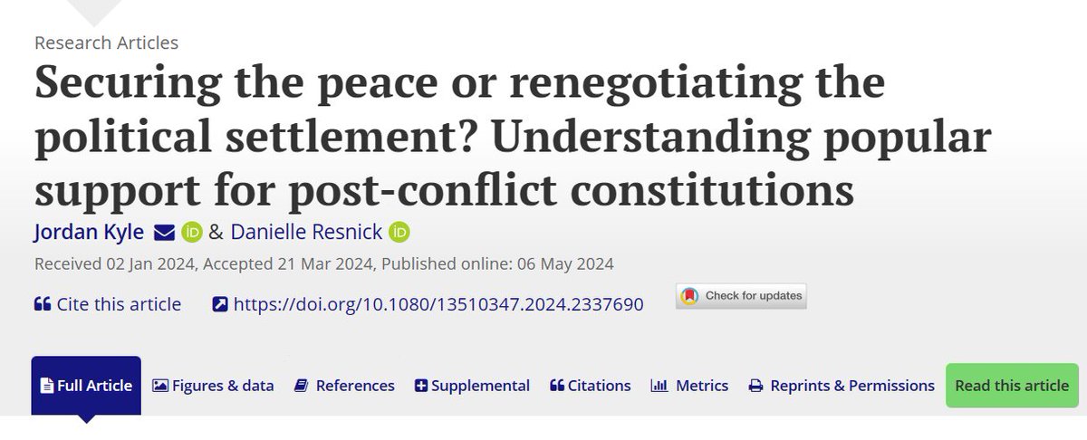 #NowReading Securing the peace or renegotiating the political settlement? Understanding popular support for post-conflict constitutions. 🖋️By Jordan Kyle and Danielle Resnick. 🔗doi.org/10.1080/135103… @CGIAR @jkyleindc @D_E_Resnick