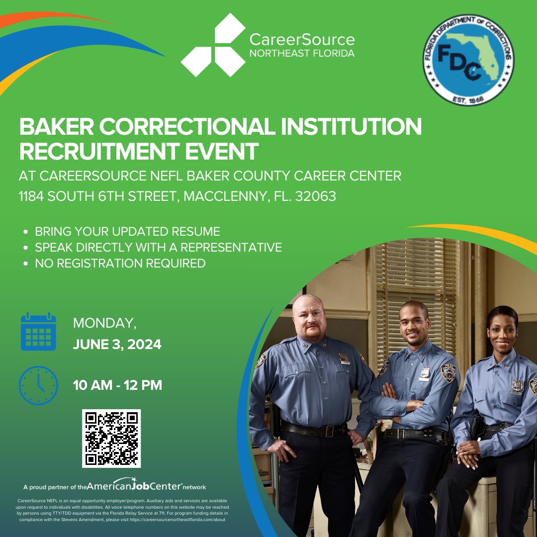 Are you looking for a job? 
Columbia Correctional Institution is Hosting an In-Person Recruitment Event at CNEFL Baker County Career Center
Date: June 6, 2024
Time: 10 am - 12 pm
Learn more and view all events at bit.ly/3Lyi3rN
@jaxjobs @jacksonville @employflorida