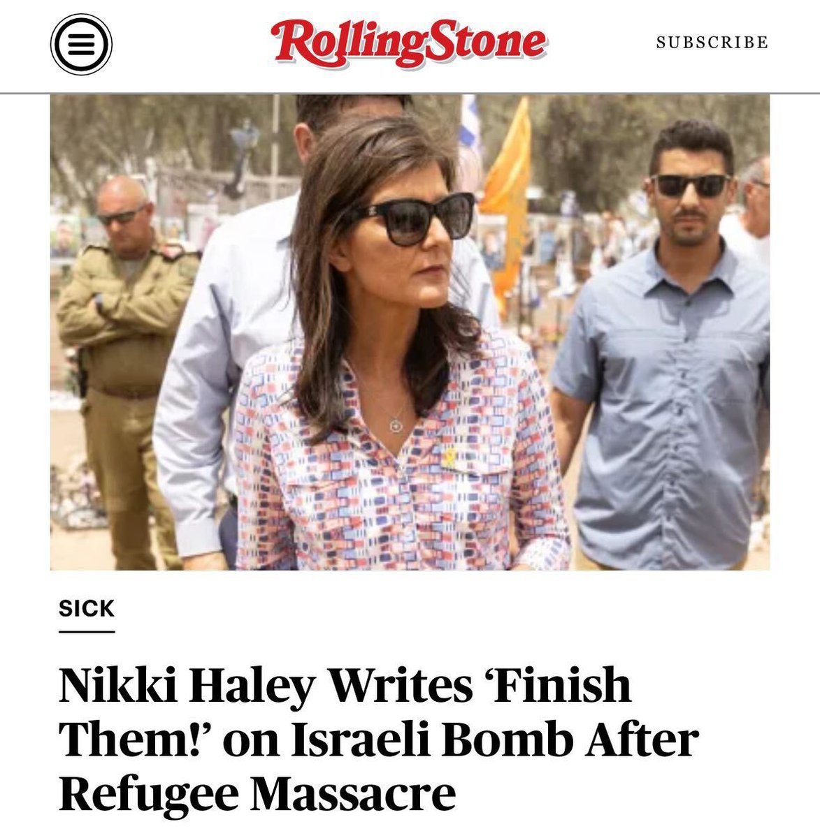 Days after dozens of Palestinians were killed by Israeli air strikes against displacement camps in Southern Gaza, former South Carolina Governor Nikki Haley wrote “Finish them!” on Israeli artillery shells. Story: rollingstone.com/politics/polit…