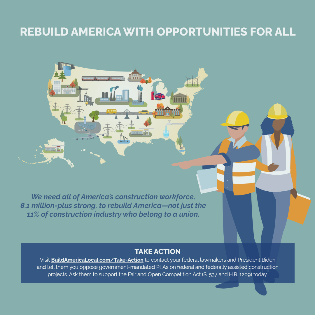 abcnmchapter's tweet image. President Biden’s union-only project labor agreement policies exacerbate the #construction in-dustry&apos;s skilled labor shortage, undermining taxpayer investment in #infrastructure. Ask law-makers to end this scheme at BuildAmericaLocal.com. 

#UnitedForInfrastructure