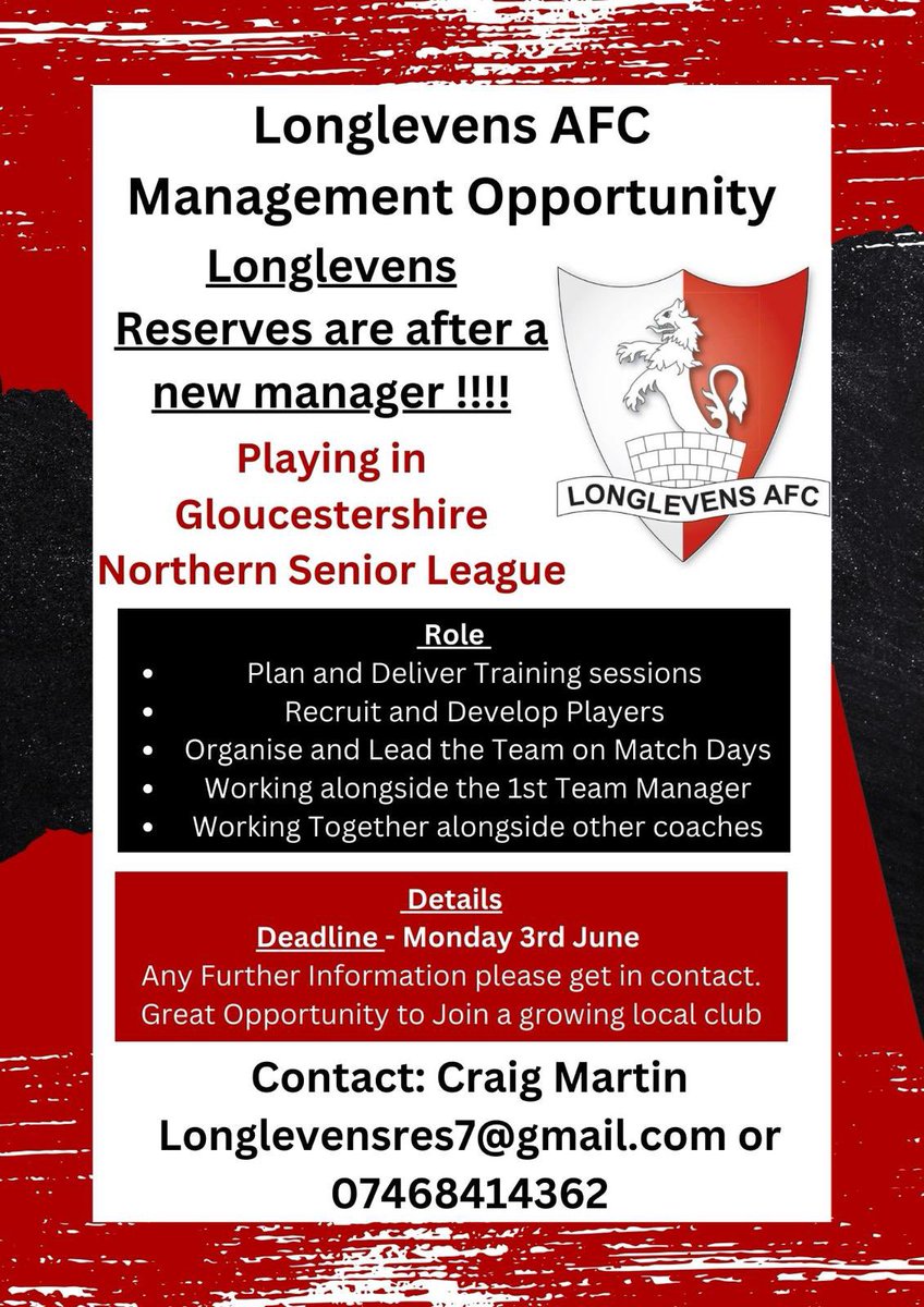 Longlevens Football Club are looking for a Reserve Team Manager/Coach to lead the Club into the 2024/25 Season. Deadline for applications and expressions of interest is Monday 3rd June. All details in the attached photo, any questions please get in touch. In the @GNSLOfficial