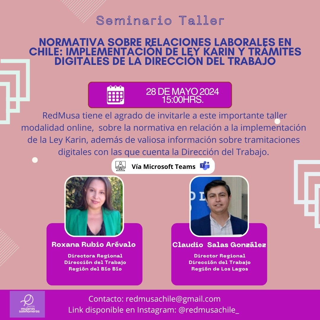 Ahora:   junto a+ de 50 trabajadores/es y  empleadores del sector salmonicultura de #Biobio al sur, se expone y dialoga sobre #DerechosLaborales,  #TrabajoDecente, #LeyKarin  y Trámites en línea invitados con DR @drtloslagos por #RedMusa y @ConsejoSalmon señala D.R. Roxana Rubio