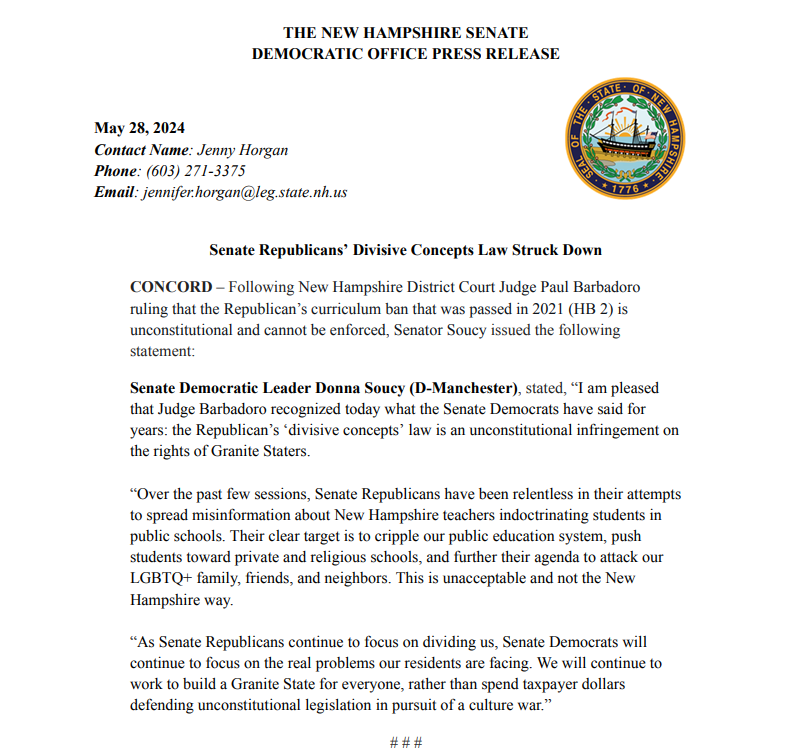 NHSenateDems's tweet photo. Senate Republicans’ Divisive Concepts Law Struck Down @DonnaSoucy #NHPolitics https://t.co/B0SvtCEbV6