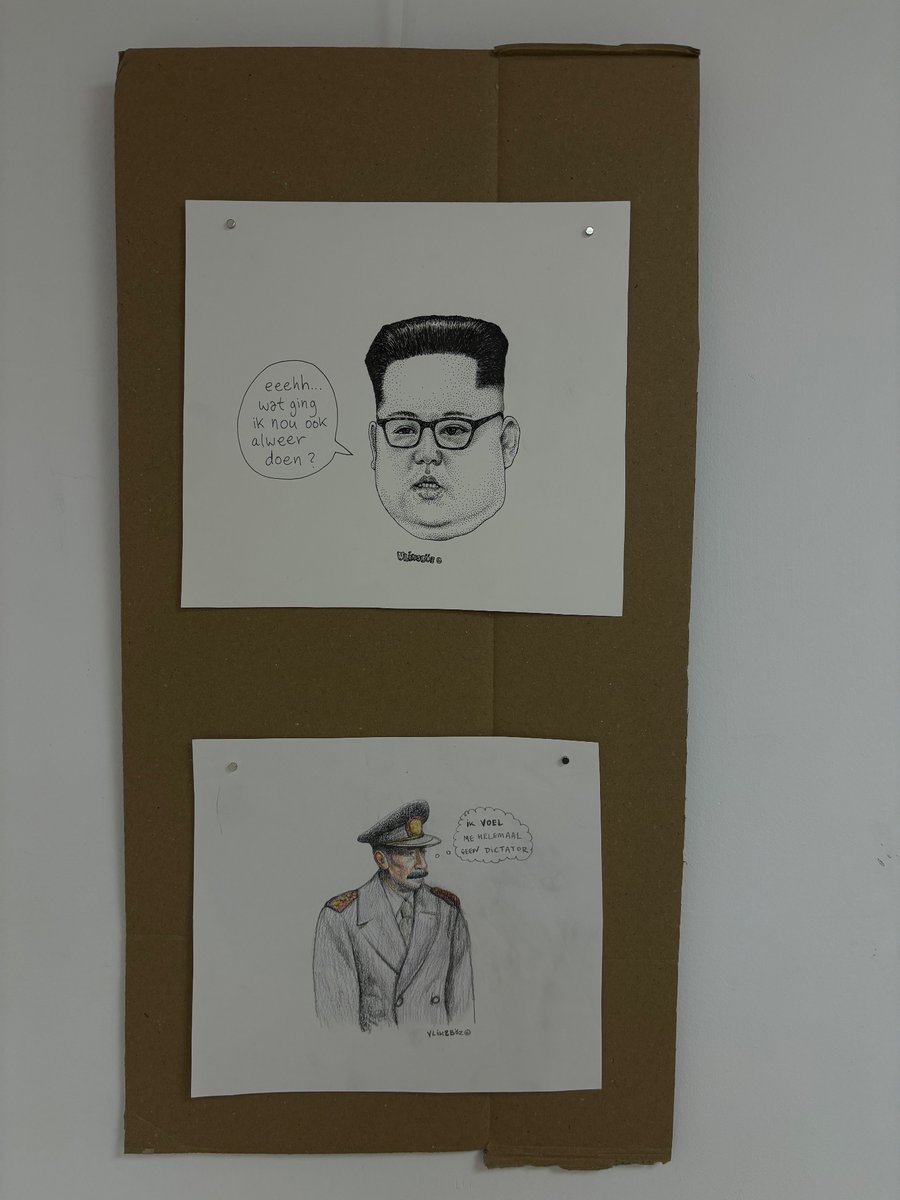 Tof om tekeningen samen te zien hangen. Ze vullen elkaar aan. Alsof je een wandeling maakt en allemaal kleine inkijkjes in levens krijgt. Had Onno cool gevonden. We hebben zelfs een hoekje met dictators. Va donderdag te zien @ de Stripdagen. naaiatelierhaarlem.nl