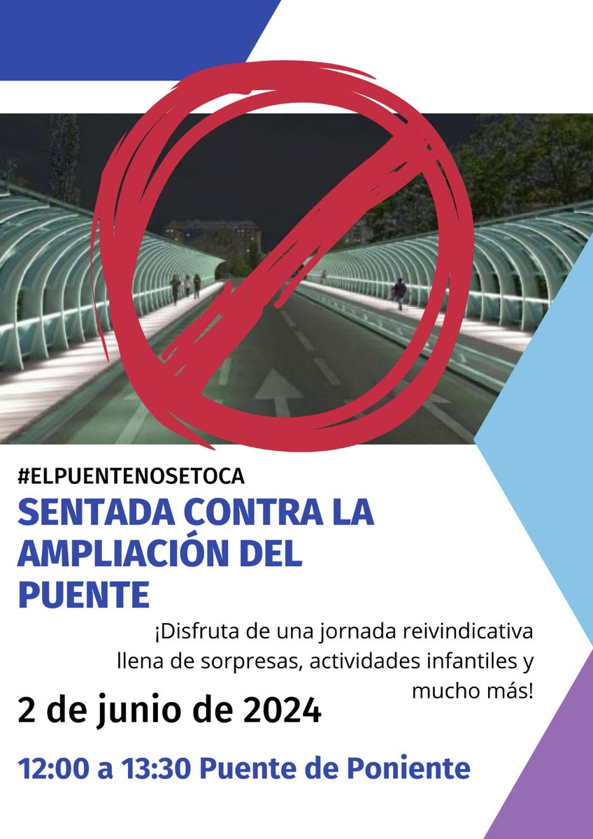 SENTADA LÚDICO-REIVINDICATIVA 
#elpuentenosetoca
Dónde❓
🗺 Puente de Poniente
Cuándo❓
📅 Domingo 2 de junio
🧭 12:00 - 13:30
Tenemos que llenar el puente, pero no de coches. Te esperamos‼️
